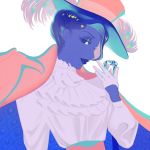  1girl blue_eyes blue_hair blue_skin colored_skin eyeshadow gem gloves hand_up hat hat_feather highres jacket limited_palette long_sleeves makeup mu_mashu original parted_lips pink_headwear profile shirt shirt_tucked_in smile solo upper_body white_background white_gloves white_shirt 