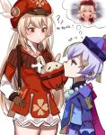  2girls ? ahoge bag bead_necklace beads blonde_hair blush dress genshin_impact half-closed_eyes hat highres jewelry jiangshi klee_(genshin_impact) korean_text multiple_girls necklace older pengrani purple_eyes purple_hair qiqi red_eyes size_difference thought_bubble translation_request 