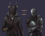  2boys armor belt black_coat black_gloves black_headwear black_mask bloodborne blue_background coat dark_souls_iii eika127 english_text gauntlets gloves hat hat_over_eyes helm helmet knight male_focus mask mouth_mask multiple_boys pauldrons pointing pointing_at_another shoulder_armor simple_background souls_(from_software) torn torn_clothes vambraces 