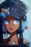  1girl aqua_eyes artist_name bangs black_headwear blue_eyeshadow blue_hair cabbie_hat character_request commentary_request dark_skin dated earrings eyeshadow face film_grain gym_leader halterneck hat heiwano highres hoop_earrings jewelry long_hair looking_away makeup multicolored_hair nessa_(pokemon) official_alternate_costume open_mouth pokemon pokemon:_twilight_wings pokemon_(creature) pokemon_(game) pokemon_swsh signature two-tone_hair very_dark_skin water_drop 