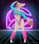 2019 80&#039;s_theme absurd_res anthro breasts canid canine canis cheese chihuahua clothed clothing crop_top dairy_products domestic_dog eating english_text fast_food female food food_fetish full-length_portrait gidget_(taco_bell) hi_res leg_warmers legwear looking_at_viewer mammal mascot narrowed_eyes portrait shirt solo squint suggestive suggestive_food taco_bell text tongue tongue_out topwear toy_dog under_boob unfinishedheckery 
