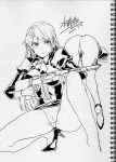  2girls agent_aika aika_(series) aiming ass bent_over blue_delmo blue_delmo_b cameltoe closed_mouth cravat crotch crotch_seam dated delmogeny_uniform greyscale gun high_heels holding holding_gun holding_weapon jacket juliet_sleeves legs long_hair long_sleeves mizuryuu_kei monochrome multiple_girls panties pantyshot partially_visible_vulva pencil_skirt puffy_sleeves signature sketch skirt spread_legs squatting thighs underwear uniform v-shaped_eyebrows very_long_hair weapon white_panties zoom_layer 