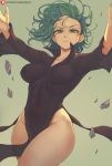  1girl black_dress breasts covered_navel curly_hair dress floating floating_rock frown green_background green_eyes green_hair highres impossible_clothes impossible_dress levitation looking_at_viewer medium_breasts no_panties one-punch_man outstretched_arms shexyo shiny shiny_hair short_hair side_slit solo tatsumaki telekinesis thighs 