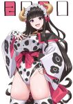  1girl animal_print bangs bell bell_choker black_choker black_hair blunt_bangs bow breasts chinese_zodiac choker corset cow_horns cow_print cowboy_shot eyebrows_visible_through_hair groin hand_on_hip hand_on_own_chest highres horns large_breasts leotard long_hair looking_at_viewer maid_headdress michitaro_smile open_mouth original pink_bow purple_eyes simple_background smile solo thighhighs thighs white_background white_legwear wide_sleeves year_of_the_ox 