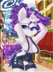  2019 anthro anthrofied blue_eyes breasts clothed clothing detailed_background equid equine female friendship_is_magic front_view genitals grin hand_behind_head happy hi_res hiccupsdoesart horn humanoid_hands mammal my_little_pony nipples outside overalls partially_clothed portrait purple_nipples pussy rarity_(mlp) smile solo standing three-quarter_portrait unicorn white_body 