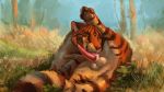  16:9 2020 akineza anus balls black_stripes day detailed_background digital_media_(artwork) felid feral forest fur genitals grass male mammal orange_body orange_fur outside pantherine penis plant solo striped_body striped_fur stripes tiger tree widescreen 