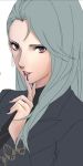  1girl black_nails blazer brown_eyes commentary_request ctg_999 earrings finger_to_mouth grey_blazer hair_behind_ear highres jacket jewelry long_hair nail_polish niijima_sae parted_lips persona persona_5 silver_hair turtleneck white_background 
