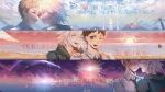  2boys animal beach bird black_hair brown_eyes brown_hair closed_eyes collared_shirt commentary_request danganronpa_(series) danganronpa_2:_goodbye_despair face face-to-face facing_another fireworks green_jacket grey_hair grin hair_between_eyes hands_on_another&#039;s_shoulder hinata_hajime hood hooded_jacket horizon imminent_kiss jacket komaeda_nagito lower_teeth male_focus multiple_boys necktie no_eyes ocean one_eye_closed open_mouth palm_tree shirt shooting_star smile split_screen stone sunset translation_request tree tuteurfars_shin white_shirt yaoi 