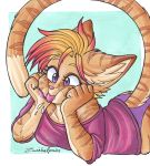  anthro blowing_raspberries clothed clothing derp_eyes domestic_cat eyelashes felid feline felis female hair hand_on_face hi_res inner_ear_fluff kate_(character) long_tail lying mammal markings_(fur) multicolored_body multicolored_hair off_shoulder on_front panties purple_clothing purple_eyes purple_shirt purple_topwear shirt solo through_clothing tiger_stripes tongue tongue_out topwear tuft two_tone_body underwear zwiebelprinz 