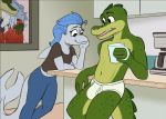  admiring alligator alligatorid anthro beverage blue_hair briefs bulge cetacean clothing coffee coffee_mug crocodilian delphinoid duo female green_body green_scales grey_body grey_skin hair hi_res kitchen leaning leaning_back leaning_on_table looking_down male male/female male_focus mammal marine painting_(artwork) reptile scales scalie sebtheredpanda standing tighty_whities toothed_whale traditional_media_(artwork) underwear white_clothing white_underwear 