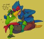  amphibian anthro beak blue_body blue_feathers blush bulge clothing dialogue duo falco_lombardi feathers flirting flookz frog imminent_sex male male/male nintendo shirt slippy_toad star_fox tank_top topwear underwear undressing video_games 