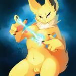  1:1 anthro biped breasts claws eeveelution electricity female fur genitals jolteon mammal navel nintendo nipples nude pawpads paws pok&eacute;mon pok&eacute;mon_(species) pussy skwidbone solo video_games yellow_body yellow_fur 