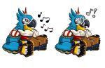 &lt;3 absurd_res accordion anthro avian beak bird blue_body blue_feathers bodily_fluids breath_of_the_wild clothing cum cum_in_mouth cum_inside cum_on_face feathers genital_fluids hi_res jingletheraven kass_(tloz) leather leather_clothing male musical_instrument musical_note nintendo rito scarf simple_background solo the_legend_of_zelda tongue video_games wings yellow_body yellow_feathers 