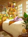  1girl annotated arm_up artist_name bangs bed bedroom blunt_bangs bob_cut book brown_hair bulbasaur charizard closed_eyes commentary day espeon film_grain gen_1_pokemon gen_2_pokemon gloria_(pokemon) green_shirt highres indoors lamp medium_hair on_bed oshiruko_(oshiruko_s2) pajamas picture_(object) plant pokemon potted_plant sandals shirt short_sleeves signature sitting smile solo squirtle starter_pokemon_trio stretch stuffed_animal stuffed_toy symbol_commentary under_covers waking_up window 