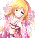 1girl animal_ear_fluff animal_ears ayase_midori bangs blonde_hair blush braid commentary_request flat_chest floral_background floral_print green_eyes hand_on_own_chest holding japanese_clothes kimono long_hair long_sleeves looking_at_viewer obi original red_ribbon reward_available ribbon sash sidelocks smile solo wide_sleeves 