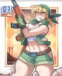  1girl absurdres artist_name belt blonde_hair cowboy_shot crop_top gloves green_bandana green_gloves green_jacket green_shorts gun hair_between_eyes highres holding holding_weapon jacket kasamoto_eri looking_at_viewer metal_slug midriff navel outline parted_lips rifle sagas293 shirt shorts solo weapon white_outline white_shirt yellow_eyes 