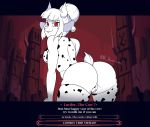  absurd_res alternate_species animal_print anthro big_breasts big_butt bovid breasts butt caprine cow_print demon english_text female fur goat goat_lucifer_(helltaker) helltaker hi_res hybrid looking_at_viewer lucifer_(helltaker) mammal mr_valentine00 solo text thick_thighs white_body white_fur 