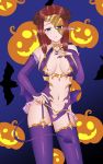  absurdres bat blue_eyes breasts closed_mouth cosplay fate/grand_order fate_(series) fire_emblem fire_emblem_echoes:_shadows_of_valentia halloween halloween_costume halloween_princess_(fate/grand_order) heart highres horns jack-o&#039;-lantern large_breasts nuibaba pointy_ears purple_hair purple_nails simple_background tanaka313 