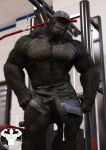  ape black_penis bodily_fluids bottomwear bulge casual_erection clothed clothing dazswole erection erection_under_clothing genital_fluids genitals gorilla gym gym_bottomwear gym_clothing gym_shorts haplorhine hi_res looking_at_viewer male mammal muscular muscular_male penis precum primate public shorts solo 