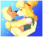  2020 absurd_res animal_crossing anthro anthro_on_anthro border canid canine canis claws clothed clothing collar domestic_dog duo eyes_closed female female/female french_kissing goldie_(animal_crossing) gradient_background happy hi_res hiccupsdoesart hug isabelle_(animal_crossing) kissing mammal nintendo shih_tzu side_view simple_background sparkles tongue tongue_out toy_dog video_games white_border 