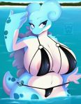  4_fingers anthro areola big_breasts bikini breasts clothed clothing detailed_background digital_media_(artwork) female fingers huge_breasts lapras nintendo outside partially_submerged pok&eacute;mon pok&eacute;mon_(species) skwidbone solo swimwear text video_games water 