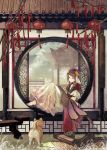  1girl architecture bamboo_scroll bench blue_eyes braid brown_hair capelet commentary_request dog dress east_asian_architecture grass headdress highres long_hair original red_capelet sitting takeda_hotaru traditional_clothes white_dress wide_shot 