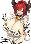 1girl 2021 alternate_breast_size ange_katrina animal_ears animal_print bangs bell bell_collar blue_eyes blush breasts chinese_zodiac cleavage collar cow_ears cow_horns cow_print cow_tail crossed_bangs double_v ear_tag elbow_gloves fake_animal_ears fake_horns fake_tail feet_out_of_frame gloves hair_ornament highres horns huge_breasts looking_at_viewer maid nijisanji nuezou open_mouth pasties red_hair solo tail thigh_strap thighhighs v virtual_youtuber white_background year_of_the_ox 