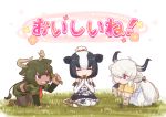 3girls :3 all_fours animal_ears animal_print aurochs_(kemono_friends) bare_shoulders bell bell_collar black_hair black_legwear black_skirt blush bow bowtie brown_bow brown_neckwear camouflage camouflage_shirt camouflage_skirt closed_eyes collar commentary_request cow_ears cow_girl cow_print cow_tail da_(bobafett) dress eating elbow_gloves extra_ears eyebrows_visible_through_hair frilled_skirt frills gloves grass green_hair green_sleeves hair_bun hair_over_one_eye highres holstein_friesian_cattle_(kemono_friends) kemono_friends kemono_friends_3 long_dress long_hair long_sleeves multicolored_hair multiple_girls necktie orange_bow ox_ears ox_girl ox_horns pantyhose pencil_skirt pleated_skirt print_gloves print_legwear print_shirt red_neckwear seiza shirt short_hair short_sleeves sitting skirt sleeveless t-shirt tail tail_bell tail_bow tail_ornament tank_top thighhighs translated twintails two-tone_hair white_dress white_gloves white_hair yak_(kemono_friends) yellow_shirt zettai_ryouiki 