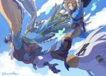  anthro avian bird blonde_hair blue_body blue_feathers breath_of_the_wild feathers flying ghost group hair humanoid hylian ian_rizardon kass_(tloz) link male nintendo paraglider revali rito sky spirit teba_(tloz) the_legend_of_zelda video_games white_body white_feathers 