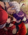  1girl 2boys bangs breasts brown_hair choker chris_(kof) earrings glowing glowing_eyes hair_over_eyes highres jewelry looking_back miru_(mill_36) multiple_boys nanakase_yashiro necklace purple_hair red_eyes shermie_(kof) short_hair the_king_of_fighters white_hair 