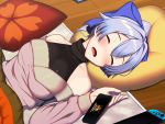  1girl bare_shoulders black_undershirt blue_bow blush bow breasts cellphone closed_eyes collarbone commentary_request fate/grand_order fate_(series) hair_between_eyes hair_bow highres kuroshiro_(ms-2420) large_breasts long_hair lying nintendo_switch off-shoulder_shirt off_shoulder on_back open_mouth phone pillow pink_shirt ponytail shirt silver_hair sleeping smartphone solo tomoe_gozen_(fate/grand_order) turtleneck wooden_floor 