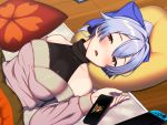  1girl bare_shoulders black_undershirt blue_bow blush bow breasts cellphone collarbone commentary_request fate/grand_order fate_(series) hair_between_eyes hair_bow highres kuroshiro_(ms-2420) large_breasts long_hair looking_at_viewer lying nintendo_switch off-shoulder_shirt off_shoulder on_back open_mouth phone pillow pink_shirt ponytail red_eyes shirt silver_hair smartphone solo tomoe_gozen_(fate/grand_order) turtleneck waking_up wooden_floor 