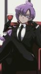 1girl alcohol anabel_(pokemon) couch crossed_legs formal frown gloves highres necktie pants pokemon pokemon_(game) pokemon_sm ponytail purple_eyes purple_hair ribbon sitting solo suit vivivoovoo wine 