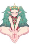  1girl bare_legs barefoot braid christmas christmas_ornaments feet fire_emblem fire_emblem:_three_houses foot_focus foot_pussy full_body green_hair highres long_hair looking_at_viewer maidforge pointy_ears pov presenting ribbon_braid side_braid sitting soles solo sothis_(fire_emblem) tiara toenails toes twin_braids 