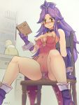  1girl 2boys angela_(seiken_densetsu_3) blush book breasts chair choker cleavage closed_mouth commentary_request covered_navel earrings gloves green_eyes hat highres holding holding_book jewelry legs leotard long_hair medium_breasts miniboy multiple_boys purple_choker purple_footwear purple_gloves purple_hair purple_headwear red_leotard seiken_densetsu seiken_densetsu_3 seo_tatsuya shoes sitting solo_focus twitter_username 