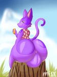  animal_crossing anthro backsack balls big_balls big_butt bob_(animal_crossing) butt domestic_cat felid feline felis fur genitals hi_res huge_balls huge_butt humanoid_genitalia looking_back male mammal misx nintendo noseless purple_body purple_fur sitting smile solo video_games 