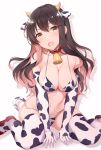  1girl absurdres alternate_costume animal_ears animal_print bare_shoulders bell bell_collar black_hair blush breasts cleavage collar collarbone commentary_request cow_ears cow_girl cow_horns cow_print cow_tail cowbell elbow_gloves eyebrows_visible_through_hair fang gloves halterneck highres horns interstellar kantai_collection large_breasts long_hair looking_at_viewer multicolored_hair naganami_(kantai_collection) navel open_mouth pink_hair shoes simple_background sitting solo string_bikini tail thighhighs two-tone_hair wariza wavy_hair white_background yellow_eyes 