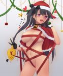  1girl :d azur_lane bangs bell bell_choker bird black_bow black_choker black_gloves black_hair blush bow breasts capelet chick choker commentary_request cowboy_shot eyebrows_visible_through_hair fang fur-trimmed_capelet fur_trim gloves hair_between_eyes hair_bow hat highres large_breasts long_hair looking_at_viewer manjuu_(azur_lane) naked_ribbon navel one_side_up open_mouth pamiat_merkuria_(azur_lane) purple_eyes red_capelet red_headwear red_ribbon ribbon santa_hat sidelocks simple_background skin_fang smile solo_focus squiggle standing stomach translation_request utsuro_(lyons) white_background 