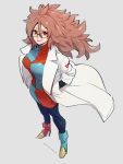  1girl android_21 breasts checkered checkered_dress dragon_ball dragon_ball_fighterz dress full_body glasses hair_between_eyes hands_in_pockets kemachiku labcoat long_hair looking_at_viewer medium_breasts red_eyes red_hair red_ribbon_army smile solo standing 