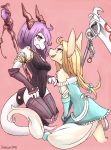  &lt;3 2018 anthro blonde_hair canid canine canis clothed clothing dragon dress duo female fully_clothed fur hair kameloh long_hair mammal melee_weapon nervous open_mouth open_smile pink_background polearm purple_eyes purple_hair red_eyes scalie scythe simple_background smile standing weapon wolf 