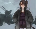 1girl absurdres bangs black_coat black_eyes black_hair black_skirt coat fur-trimmed_coat fur_trim grey_background hair_over_one_eye hands_in_pockets highres kantai_collection long_hair long_sleeves moor nachi_(kantai_collection) pantyhose pencil_skirt ponytail remodel_(kantai_collection) rigging side_ponytail sidelocks simple_background skirt smile solo white_legwear 