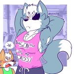  1:1 anthro bodily_fluids canid canine canis clothed clothing digital_media_(artwork) duo english_text fizzyjay fox_mccloud gym hi_res humor male mammal nintendo shirt simple_background star_fox sweat tank_top text topwear video_games wolf wolf_o&#039;donnell 