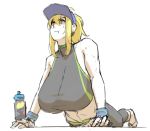  1girl abs ahoge armband artoria_pendragon_(all) bangs bare_shoulders baseball_cap blonde_hair bottle breasts cleavage eu03 eyebrows_visible_through_hair fate/grand_order fate_(series) gym_uniform hair_between_eyes hair_through_headwear hat huge_breasts large_breasts mysterious_heroine_xx_(foreigner) sleeveless sports_bra water_bottle 