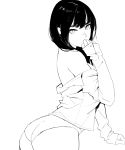  1girl ass bangs bare_shoulders black_hair commentary dongho_kang from_side greyscale hair_between_eyes highres long_sleeves looking_at_viewer looking_to_the_side mole mole_under_eye monochrome off_shoulder original panties shirt simple_background solo underwear upper_body white_background white_shirt 