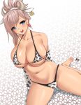  1girl alternate_costume animal_costume animal_ears animal_print bangs bare_legs bare_shoulders barefoot bikini blue_eyes blush breasts chinese_zodiac cleavage commentary_request cow_costume cow_ears cow_girl cow_horns cow_print ear_tag earrings elbow_gloves eyebrows_visible_through_hair fake_horns fate/grand_order fate_(series) gloves groin halterneck highleg highleg_bikini highleg_swimsuit highres horns huge_breasts jewelry kisaragi_tsurugi looking_at_viewer miyamoto_musashi_(fate/grand_order) navel open_mouth pink_hair ponytail simple_background sitting smile solo sweatdrop swimsuit year_of_the_ox 