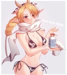  1girl 2021 animal_print bikini bitikara blonde_hair blush braid breasts cow_print long_hair milk navel pointy_ears red_eyes sheik solo super_smash_bros. swimsuit tail the_legend_of_zelda the_legend_of_zelda:_ocarina_of_time thighhighs 