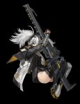  &gt;_&lt; 1girl absurdres arm_up badge bangs black_background boots cape closed_eyes full_body grey_cape grey_footwear gun hair_between_eyes hair_ornament highres holding holding_gun holding_weapon long_sleeves mask mechanical_arms messy_hair mouth_mask original qiongsheng rifle scope silver_hair simple_background sniper_rifle solo thighhighs twintails weapon 