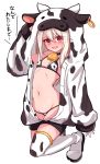  1girl animal_print bangs bell bell_choker bikini blush breasts chawan_(yultutari) choker cow_hood cow_print cowbell fate/kaleid_liner_prisma_illya fate_(series) hair_between_eyes highres illyasviel_von_einzbern long_hair looking_at_viewer navel open_mouth red_eyes sidelocks simple_background small_breasts swimsuit tearing_up thighhighs translation_request white_background white_hair 