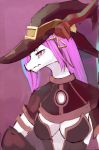  2017 anthro breasts cleavage clothed clothing dragon female hair hat headgear headwear horn kameloh long_hair non-mammal_breasts pink_eyes pink_hair simple_background snout solo 
