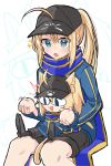 +_+ 2girls ahoge animal_ear_fluff animal_ears artoria_pendragon_(all) baseball_cap black_footwear black_headwear black_shorts blue_eyes blue_scarf boots cat_ears cat_tail fate/grand_carnival fate_(series) hat highres invisible_chair jacket kokumosu multiple_girls mysterious_heroine_x mysterious_neko_x projected_inset rojiura_satsuki:_chapter_heroine_sanctuary scarf shorts sidelocks simple_background sitting sitting_on_lap sitting_on_person slit_pupils sparkle sweatdrop tail track_jacket white_background 